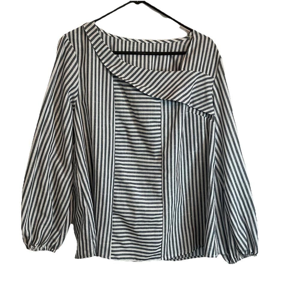 Blue White Striped Geo Neck Long Sleeve Cotton Poplin Women's Blouse‎ Unbranded